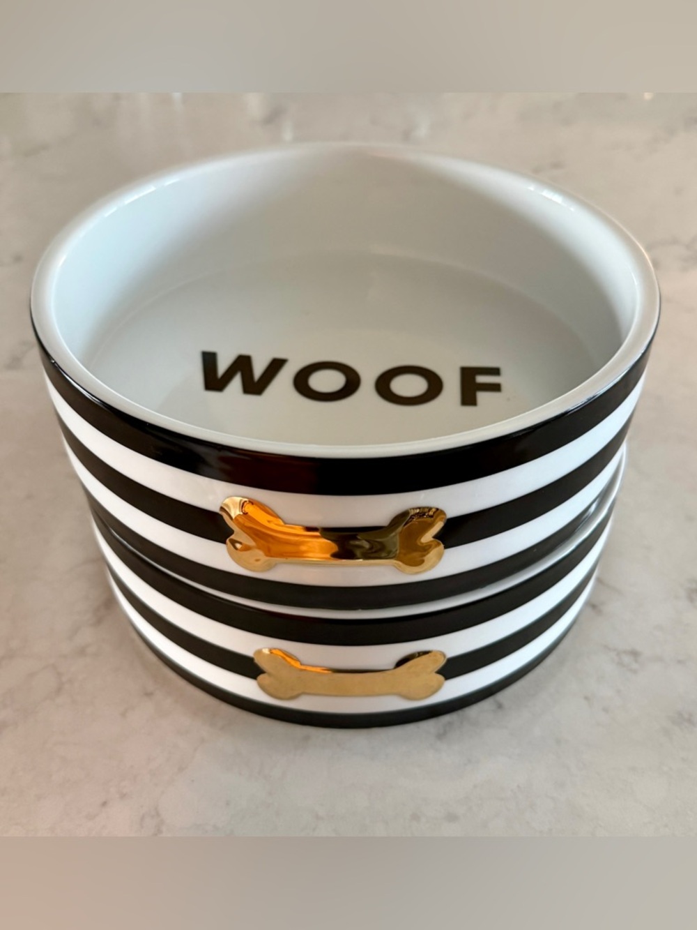 Pottery Barn Striped Ceramic Pet Bowls - Black, White & Gold Accent - like NEW! - Picture 4 of 5